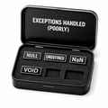 Null Pointer Exception enamel pin set in collector tin