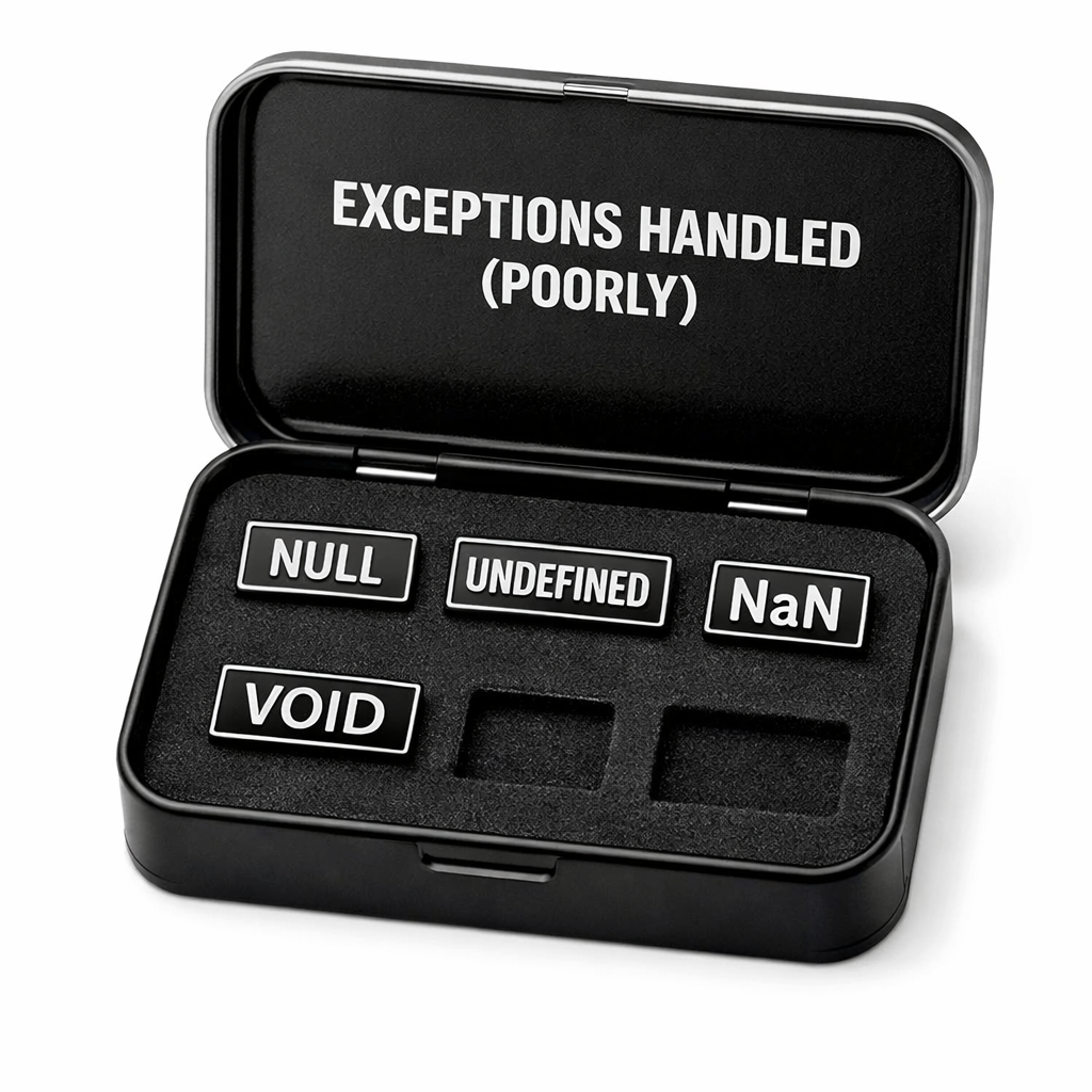 Null Pointer Exception enamel pin set in collector tin