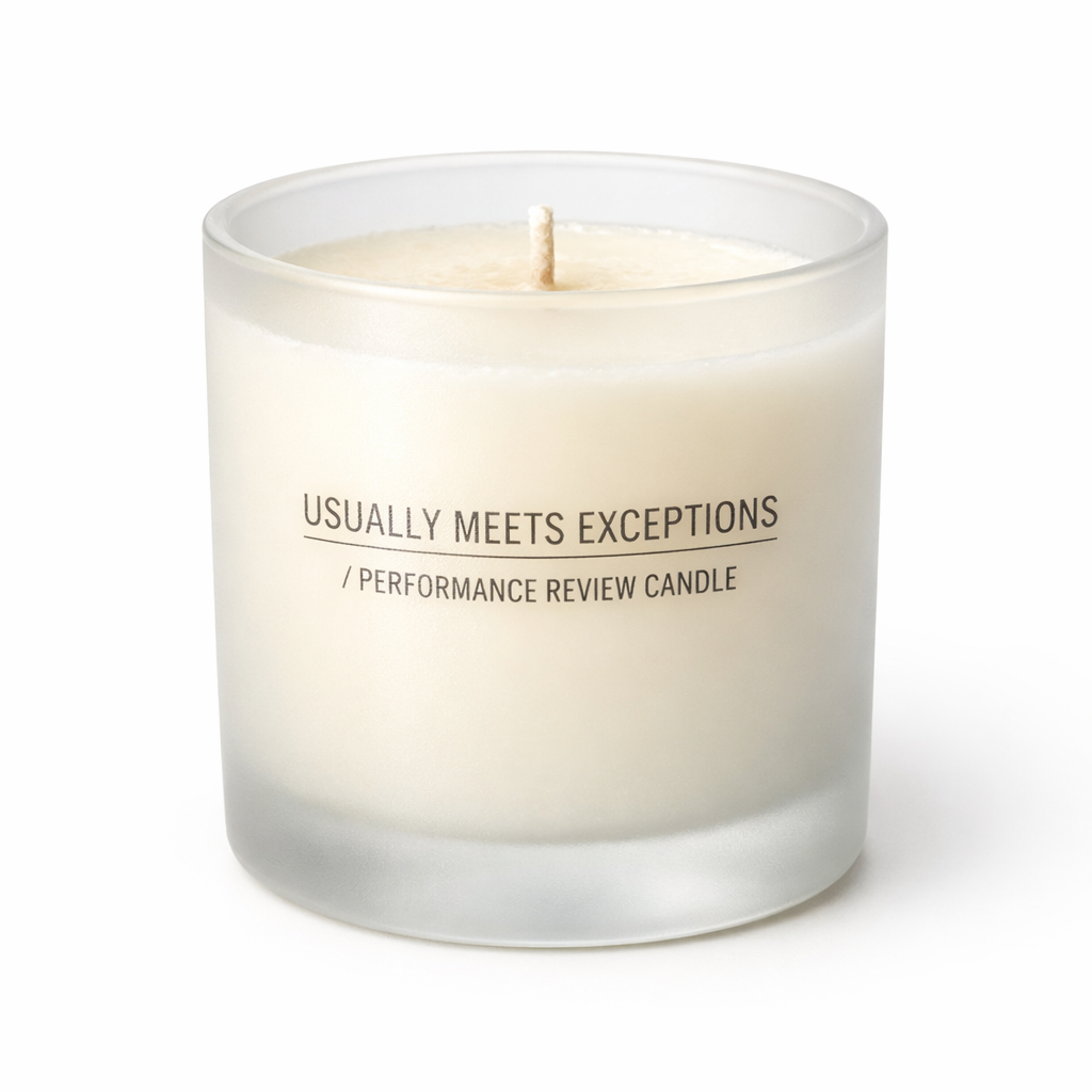 Usually Meets Exceptions performance review candle in frosted glass