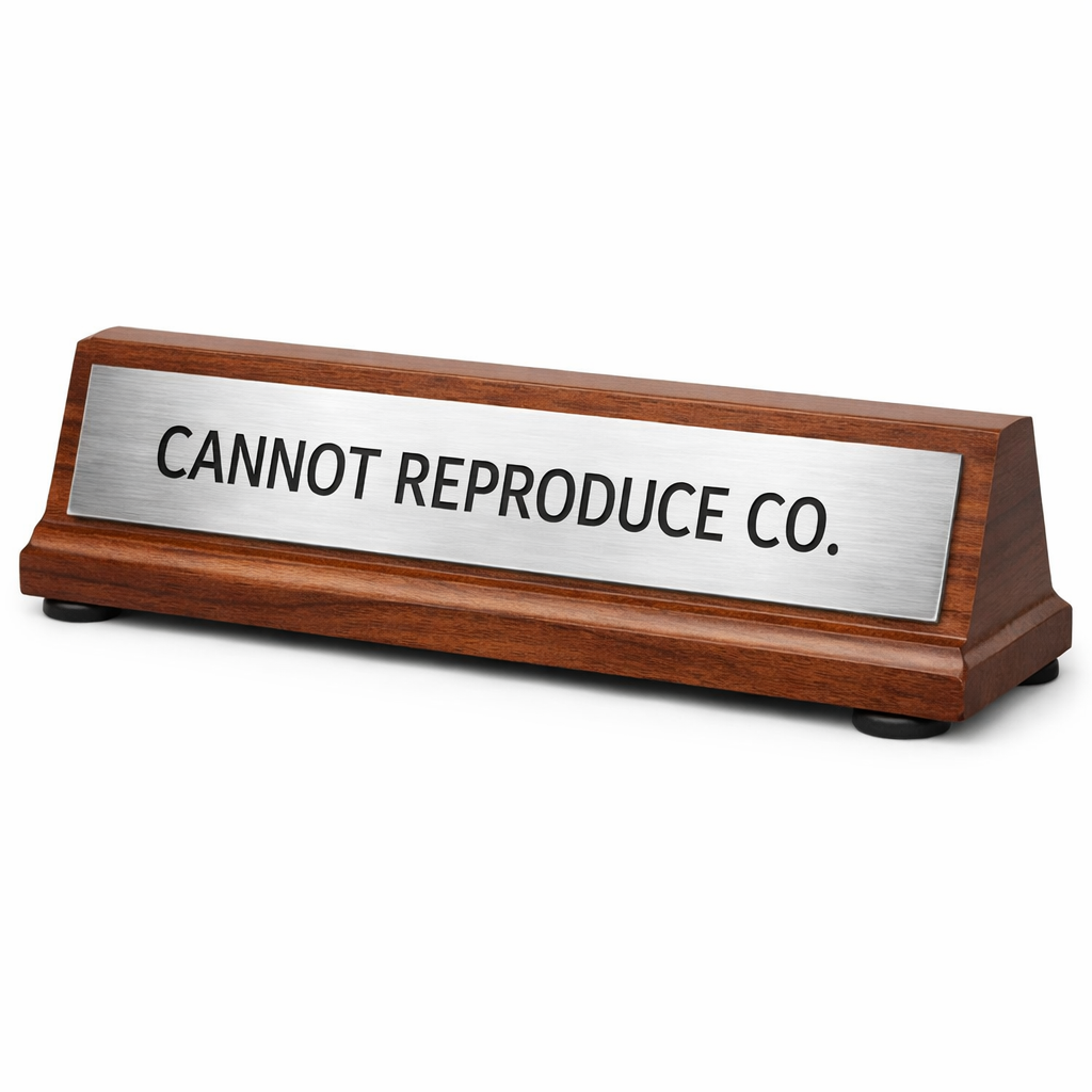 Cannot Reproduce Co walnut desk plaque with brushed metal nameplate