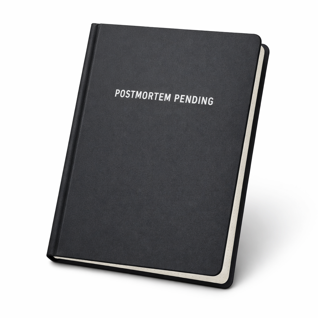 Postmortem Pending dot grid notebook in dark charcoal