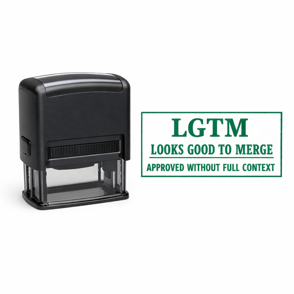 LGTM Looks Good To Merge self-inking rubber stamp in matte black